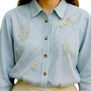 Vintage Koret City Blues Striped Floral Embroidered Button Blouse Cottagecore